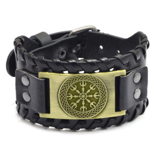 Bracelet viking Aegishjalmur en cuir doré