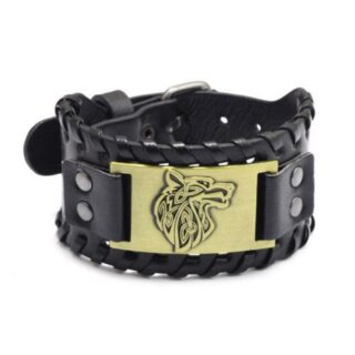 Bracelet viking en cuir loup fenrir or