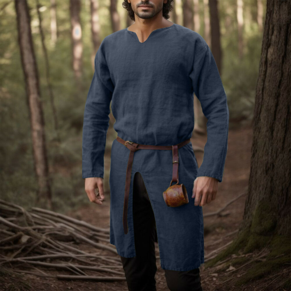 Déguisement viking chemise en lin rétro bleu