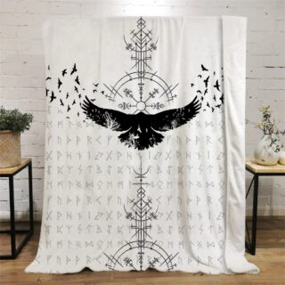 Plaid viking blanc avec corbeau et runes